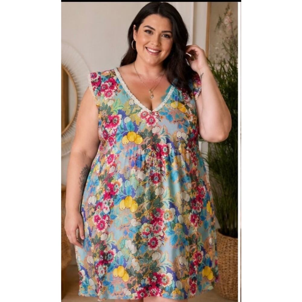 Johnny Was 3X 100% Silk Floral Fruit Print Boho Tunic Dress Empire Waist